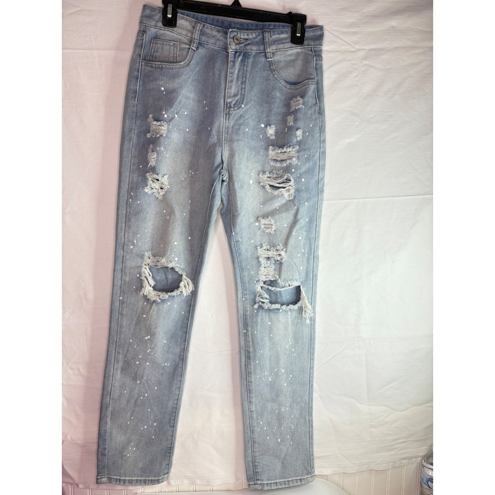 Womens Distressed Paint Splatter Denim Jeans Light Wash Size‎ M